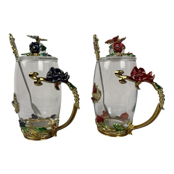 Two Butterfly Glass Tea Cups With Lid And Spoon Red & Blue Roses New In Box - Picture 6 of 11